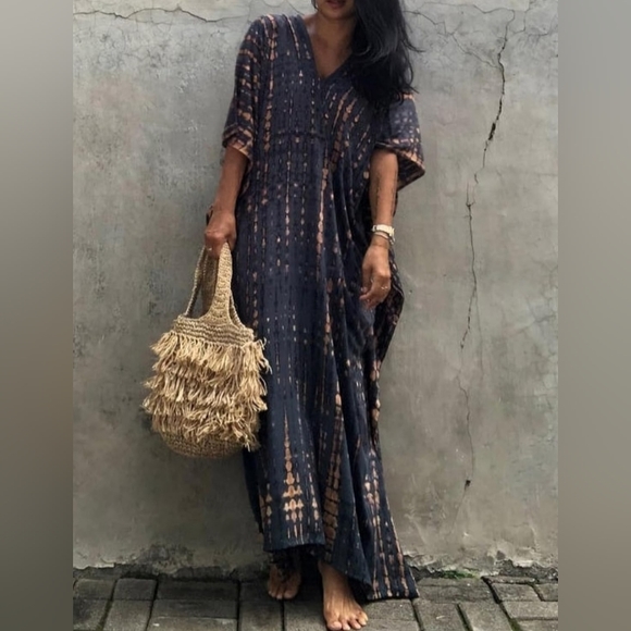 Gray Blue Tie Dye Hippie Kaftan Long Flowy Maxi Dress Loose Boho V Neck Caftan - Picture 4 of 9